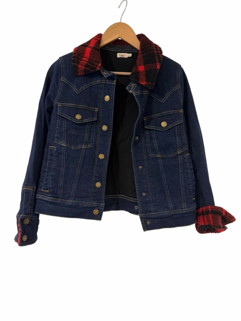 Faherty Andie Denim Trucker Jacket | Buffalo Plaid Lined | XS